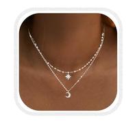 CCAIPU Collar de Plata con Capas para Mujer, Collar con Cruz de Luna y Estrella, Collars Doble con Cadena, Joyería Brillante para Mujeres y Niñas (Plata-B)