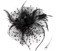 CCAIPU Sombreros de Mujer con Flecos, Sombreros de Red con Flores y Plumas, Accesorios para el Pelo, tocados para Bodas. (FR/ES, Letras, Talla única, Negro-B)