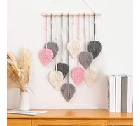 CCAIPU Tapiz Pared de Macramé, Tapiz Tejido con Hojas de Bohemia, Hecho a Mano, Decoración de Pared con Plumas y Hojas para Sala de Estar, Dormitorio y Hogar (Gris Rosa)