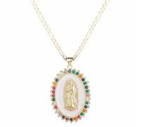 CCCAZ1 Collar Guadalupe de oro de la Virgen María para mujeres, hombres y adolescentes, chapado en oro de 14 quilates con incrustaciones de circonita ovalada, colgante de la Virgen María con cadena