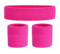 CCHAMP Juego rosa neon muñequeras y bandas para cabeza disfraces 80's para mujeres ropa accesorios años 80 trajes 90's cosplay equipos divertidos 1980s Cintas para sudor Cintas pelo y muñecas
