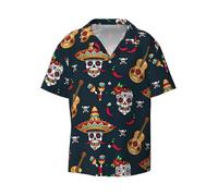 cchgnm Camisa de trabajo con estampado de calavera mexicana, camisa de manga corta para hombre, camisa de verano con botones, Negro, XL