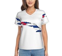 cchgnm Camiseta de verano con cuello en V para mujer, diseño de mapa de la bandera cubana, suave e informal, transpirable y de moda, manga corta, Negro, XXL