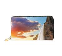 cchgnm Cartera larga de cuero con estampado de cascada de Islandia, campo de río, puesta de sol, elegante, para hombre y mujer, con cremallera y múltiples ranuras para tarjetas.