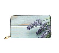 cchgnm Cartera larga de piel clásica con estampado de lavanda sobre madera, elegante cartera para hombre y mujer con cremallera y múltiples ranuras para tarjetas.