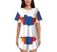 cchgnm Conjunto de pijama de manga corta para mujer con estampado de mapa de la bandera de Mongolia, ropa de descanso suave de dos piezas, pijama cómodo, Negro, M