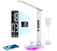 CCHKFEI Lámpara de Escritorio LED con Cargador Inalámbrico & Puerto USB, 3 modos de color con lámpara táctil de escritorio, con temperatura, fecha, reloj RGB para cafetería, escuela, trabajo, estudio