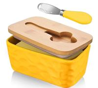 CCHONG Mantequillera de Porcelana con Cuchillo y Tapa de Madera Mantequera de Cerámica Recipiente para Mantequilla Recipiente Hermética para Todo Tipo de Mantequilla (Amarillo)