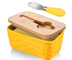 CCHONG Mantequillera de Porcelana con Cuchillo y Tapa de Madera Mantequera de Cerámica Recipiente para Mantequilla Recipiente Hermética para Todo Tipo de Mantequilla (Amarillo)
