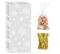 CCINEE Bolsas de celofán de Navidad con copos de nieve y lazos giratorios, bolsas para galletas, dulces, suministros de fiesta, 120 unidades