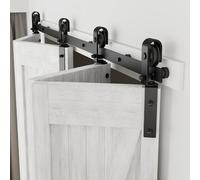 CCJH Kit de herrajes para puertas corredizas de granero de 7 pies/84 pulgadas, suave y silenciosa, rodillo montado lateral de pista plana resistente para 4 puertas, sin puerta