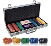 CCLIFE Juego de Poker Profesional Maletín Aluminio de Póker Set 300 Chips, Barajas de Cartas, Distribuidor, Ciega Pequeña, Big Blind Buttons, Tapete y 5 Dados