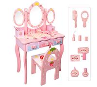 CCLIFE Tocador Infantil de Madera para niñas con Taburete de Espejo, Juego de Mesa de Maquillaje, cajón de Madera, Color Rosa y Blanco