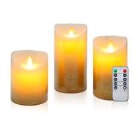 CCLIFE Velas eléctricas y LED de cera real con control remoto, función de temporizador, hechas de parafina, Funcionamiento con batería,Oro 3 Piezas