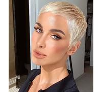 ccXrC Pelucas Cortas de Corte Pixie para Mujeres Blancas con Flequillo Pelucas Natural Ondulado Pelo Sintético Peluca de Reemplazo de Fibra de Pelo Resistente al Calor