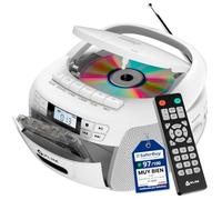 CD Player Reproductor Cassette, Radio Am FM Bluetooth, Mando a Distancia | Altavoces Duales de 3W, Incluye Entradas USB y AUX para Reproducir desde Memoria o Dispositivo Externo, Blanco