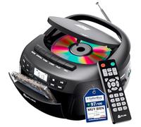 CD Player Reproductor Cassette, Radio Am FM Bluetooth, Mando a Distancia | Altavoces Duales de 3W, Incluye Entradas USB y AUX para Reproducir desde Memoria o Dispositivo Externo, Negro