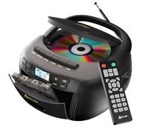 CD Player Reproductor Cassette, Radio Am FM Bluetooth, Mando a Distancia | Altavoces Duales de 3W, Incluye Entradas USB y AUX para Reproducir desde Memoria o Dispositivo Externo, Negro y Dorado