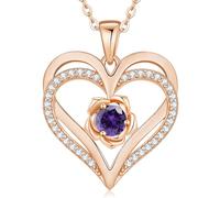 CDE Cadena para mujer de oro rosa, collar de corazón de plata de ley 925, piedra natal para mujeres, mamá, con colgante, joya para San Valentín, día de la madre, cumpleaños o Navidad, Extra, Latón