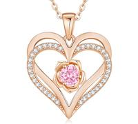 CDE Cadena para mujer de oro rosa, collar de corazón de plata de ley 925, piedra natal para mujeres, mamá, con colgante, joya para San Valentín, día de la madre, cumpleaños o Navidad, Extra, Latón