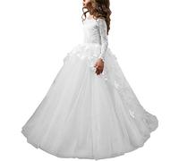 CDE - Vestido de princesa para niña de manga larga bordado, vestido de fiesta de cumpleaños Blanco 31 W/32 L