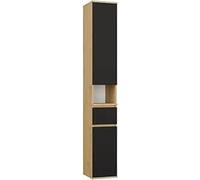 CDF Armario Alto 202cm 2 Puertas Cajón Estantes Regulables Estrecho 30cm Salón Dormitorio Oficina Pasillo Baño Espacioso Organizador Moderno Elegante Columna Versátil Negro Roble Artisan 16mm Panel