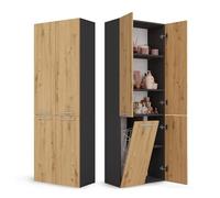 CDF Armario de Baño con 1 Cesto Ropa Sucia, Armario Alto, Bolsa de Ropa Extraíble con Asas Compartimento con Puerta 30 x 60 x 174 cm Roble Artisan/Antracita Montaje Sencillo