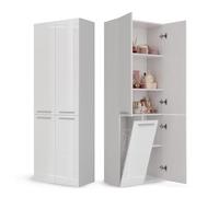 CDF Armario de Baño con 1 Cesto Ropa Sucia, Armario Alto, Bolsa de Ropa Extraíble con Asas Compartimento con Puerta 30 x 60 x 174 cm Bianco Brillo Montaje Sencillo