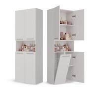 CDF Armario de Baño con 1 Cesto Ropa Sucia, Armario Alto, Bolsa de Ropa Extraíble con Asas Compartimento con Puerta 30 x 60 x 174 cm Bianco Montaje Sencillo