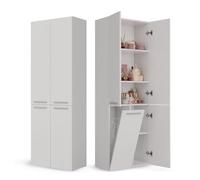 CDF Armario de Baño con 1 Cesto Ropa Sucia, Armario Alto, Bolsa de Ropa Extraíble con Asas Compartimento con Puerta 30 x 60 x 174 cm Bianco Montaje Sencillo