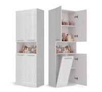 CDF Armario de Baño con 1 Cesto Ropa Sucia, Armario Alto, Bolsa de Ropa Extraíble con Asas Compartimento con Puerta 30 x 60 x 174 cm Bianco Brillo Montaje Sencillo