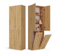 CDF Armario de Baño con 2 Cestas Ropa Sucia, Armario Alto, Bolsa de Ropa Extraíble con Asas Compartimento con Puerta 30 x 60 x 174 cm Roble Artisan Montaje Sencillo