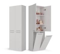 CDF Armario de Baño con 2 Cestas Ropa Sucia, Armario Alto, Bolsa de Ropa Extraíble con Asas Compartimento con Puerta 30 x 60 x 174 cm Bianco Montaje Sencillo