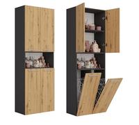 CDF Armario de Baño con 2 Cestas Ropa Sucia, Armario Alto, Bolsa de Ropa Extraíble con Asas Compartimento con Puerta 30 x 60 x 174 cm Roble Artisan/Antracita Montaje Sencillo