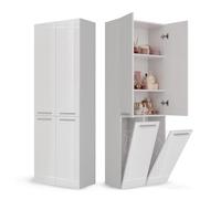 CDF Armario de Baño con 2 Cestas Ropa Sucia, Armario Alto, Bolsa de Ropa Extraíble con Asas Compartimento con Puerta 30 x 60 x 174 cm Bianco Brillo Montaje Sencillo