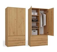 CDF Armario Dormitorio Anchura 90cm con 2 Puertas 2 Cajones Armario Ropero Niño Ahorraespacio Multiusos Un Vestidor Moderno Roble Artisan 1 Barra para Colgar Ropa de Tablero Laminado 16 mm