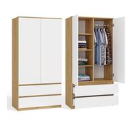 CDF Armario Dormitorio Anchura 90cm con 2 Puertas 2 Cajones Armario Ropero Niño Ahorraespacio Multiusos Un Vestidor Moderno Roble Artisan/Blanco 1 Barra para Colgar Ropa de Tablero Laminado 16 mm