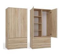CDF Armario Dormitorio Ropero 2 Puertas, Mueble Auxiliar Moderno Ropero 2 Puertas 2 Cajones, Roble Sonoma 90 cm Ancho 4 Estantes Interiores + Espacio para Perchas Dormitorio, Vestíbulo