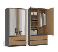 CDF Armario Dormitorio con Espejo Anchura 90cm con 2 Puertas 2 Cajones Armario Ropero Niño Ahorraespacio Multiusos Roble Artisan/Antracita 1 Barra para Colgar Ropa de Tablero Laminado 16 mm