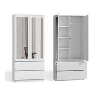 CDF Armario Dormitorio Ropero 2 Puertas, Mueble Auxiliar Moderno Ropero con Espejo 2 Cajones, Blanco 90 cm Ancho 4 Estantes Interiores + Espacio para Perchas Dormitorio, Vestíbulo