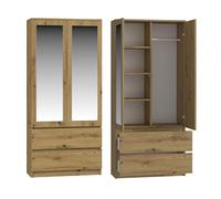 CDF Armario Dormitorio Ropero 2 Puertas, Mueble Auxiliar Moderno Ropero con Espejo 2 Cajones, Roble Artisan 90 cm Ancho 4 Estantes Interiores + Espacio para Perchas Dormitorio, Vestíbulo