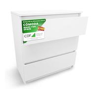 CDF Cajonera de Dormitorio 3 Cajones Blanca 70x40x75 cm Tablero Laminado | Estructura de 16 mm, Frentes sin Tiradores, Guías de Rodillos, Para Salón Pasillo u Oficina, Uso Diario