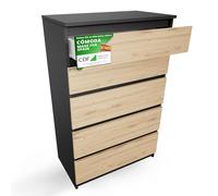 CDF Cómoda 5 Cajones Cajonera Dormitorios Comoda Moderna de Dormitorio Sinfonier Cómoda de Noche Armario de Almacenamiento, Mueble para Ropa Placa laminada 16 mm Antracita Roble Artisan 40x70x109,5 cm
