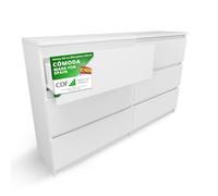 CDF Cómoda Blanca de 6 Cajones Fondo 30 cm 120x75x30 cm para Dormitorio | Tablero aglomerado laminado 16 mm, cantos ABS, guías de rodillos, frentes sin tiradores, salón y cuarto infantil