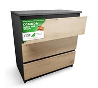 CDF Cómoda Cajonera 3 Cajones Antracita Roble Artisan 70x75x40 cm | Tablero laminado de 16 mm, frentes sin tiradores, guías de rodillos, para dormitorio salón oficina, montaje incluido
