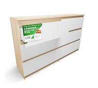 CDF Cómoda de Dormitorio 6 Cajones Blanco Roble Artisan 120x30x75 cm | Tablero laminado de 16 mm, bordes ABS, frentes sin tiradores, guías de rodillos, para salón y habitación infantil