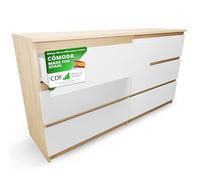 CDF Cómoda Dormitorio 6 Cajones Blanco Roble Artisan 138x40x75 cm | Tablero Laminado de 16 mm, Cantos ABS, Guías de Rodillos, Frentes Sin Tiradores, para Salón Oficina y Vestidor