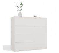 CDF Credenza Grande 1 Porta e 5 Cassetti Moderna Comodina di Almacenaje per Soggiorno Camera da Letto Ufficio Frontali Senza Maniglie Ampio Spazio per Vestiti e Documenti Bianco Opaco 100 x 93 x 40 cm