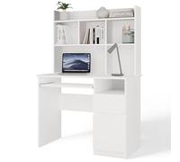 CDF Escritorio con Altillo Estantería Mesa de Ordenador con Cajón Armario y Bandeja de Teclado Mesa de Estudio Oficina Trabajo Despacho 98 x 51 x 145 cm - Blanco