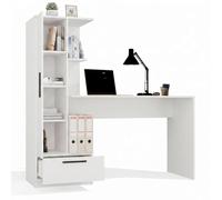 CDF Escritorio con Estantería Cajón 140cm 3 Estantes Gaming Teletrabajo Home Office Escritorio Ordenador Ergonómico Mesa Trabajo Habitación Juvenil Niños Dormitorio Guías Rodillos Blanco Tablero 16mm